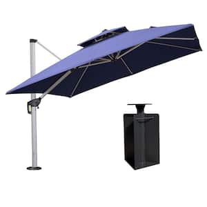10 ft. Sunbrella Aluminum Square 360° Rotation Silvery Cantilever Outdoor Patio Umbrella With Base in Ground, Navy Blue
