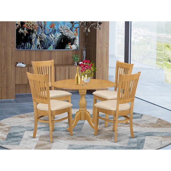 East West Furniture 5-Piece Natural Oak Finish Solid Wood Top Dining table with 4 Chairs with Slat Back