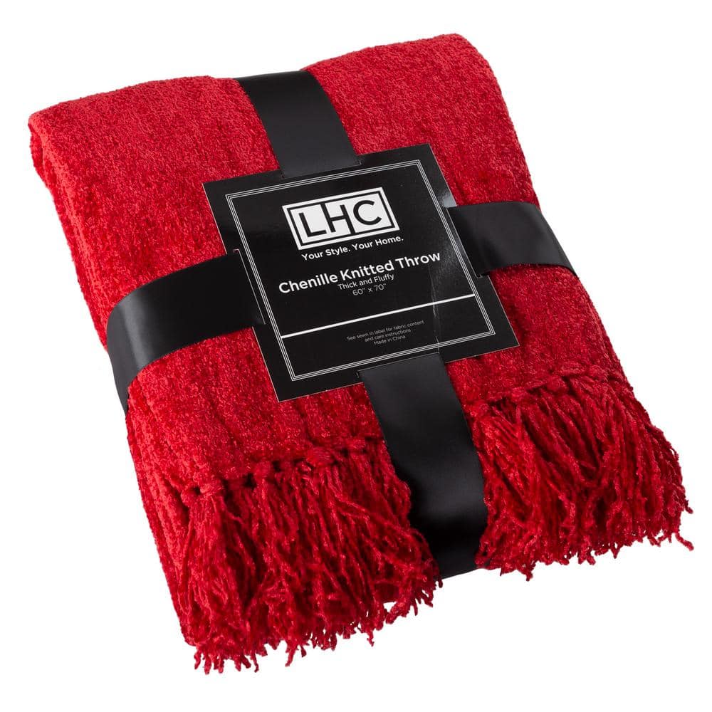 Oversized Red Chenille Throw Blanket with Fringe
