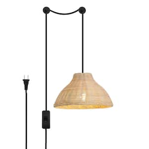 Industrial 11.8 in. 1-Light Kitchen Island Bamboo Shade Plug in Pendant Light with 2 Bases and Switch, E26 Base
