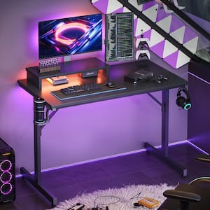 42 in. Black Carbon Fiber LED Gaming Desk with Monitor Stand and Cup Holder