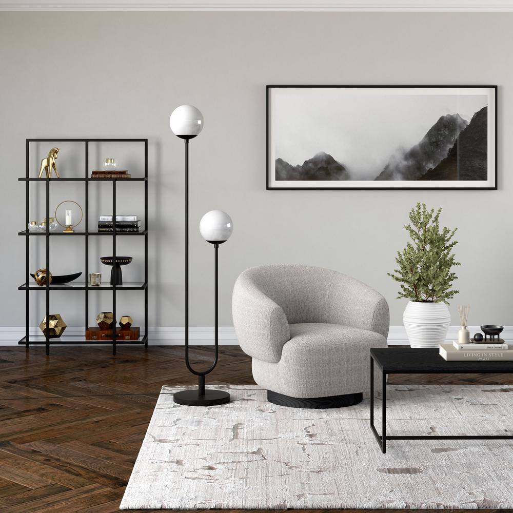 Art Deco-Inspired Blackened Bronze Floor Lamp with White Milk Glass
