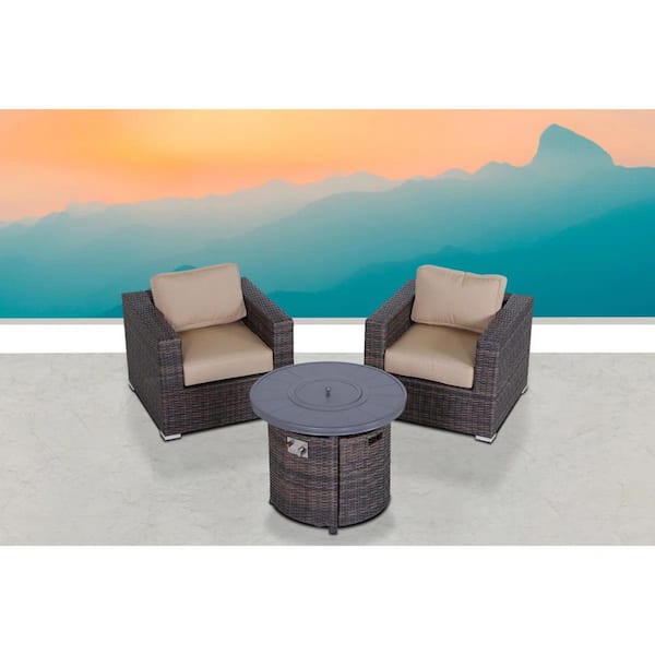 3-Piece, All-Weather Seating Group Wicker Patio Conversation Set with fire pit And premium Beige Cushions