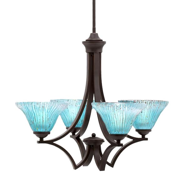 Unbranded Clevelend 4-Light Dark Granite Round Chandelier with 7 in. Teal Crystal Glass Shades, No bulbs included