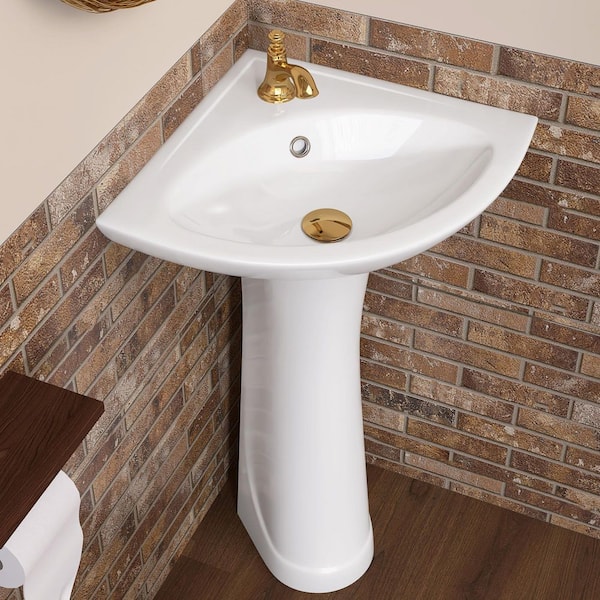 23 in. W x 19 in. D Triangular Corner Vitreous China Bathroom Pedestal Sink in White with 1-Overflow and 1-Faucet Hole