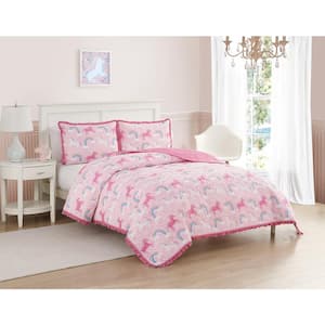 Unicorn Parada Microfiber Pink 3-Piece Full Quilt Bedding Set