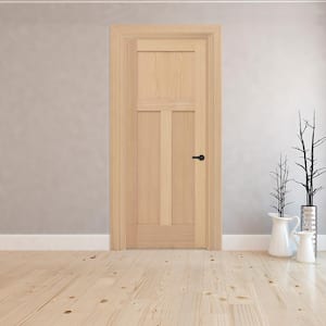 32 in. x 80 in. 3-Panel Mission Left-Hand Unfinished Red Oak Wood Single Prehung Interior Door with Nickel Hinges