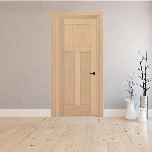 32 in. x 80 in. 3-Panel Mission Left-Hand Unfinished Red Oak Wood Single Prehung Interior Door with Nickel Hinges