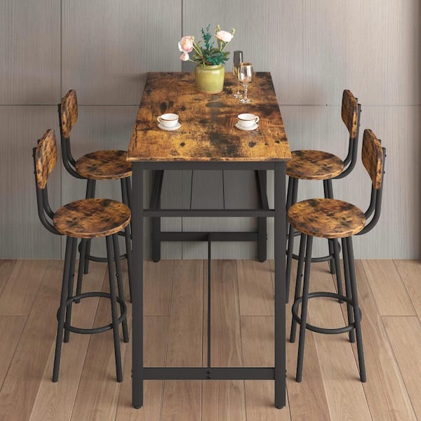 5-Piece Wood Rectangle Indoor Outdoor Bistro Set Dining Set with Backrest and Partitions