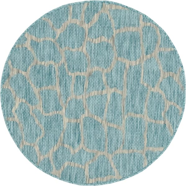 Unique Loom Outdoor Giraffe Aqua Blue 4 ft. Round Area Rug