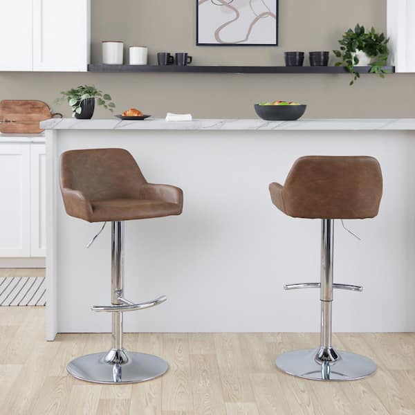 Lumisource Daniella 32.25 in. Espresso Faux Leather and Chrome Metal Adjustable Bar Stool with Rounded T Footrest (Set of 2)
