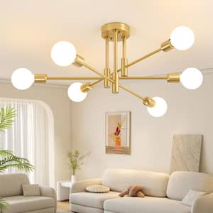 6-Light Vintage Gold Linear Sputnik Chandelier for Living Room/Dining Room Kitchen Semi Flush Mount, Bulb Not Included