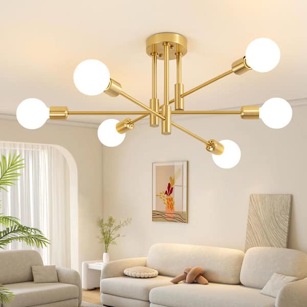 Deyidn 6-Light Vintage Gold Linear Sputnik Chandelier for Living Room/Dining Room Kitchen Semi Flush Mount, Bulb Not Included