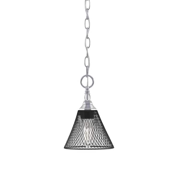 Unbranded Elva 100-Watt 1-Light Chrome Shaded Pendant Light with 7 in. Matte Black Cone Mesh Metal Shade, No Bulb Included