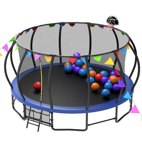 Blue 16 ft. Outdoor Trampoline for Kids and Adults, Pumpkin Trampolines with Curved Poles and Flags and Balloons