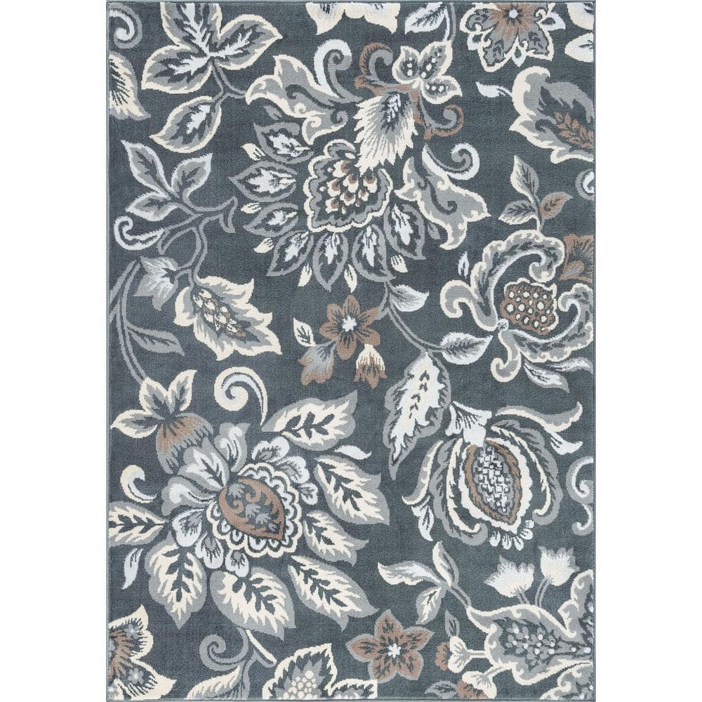 Dark Gray Floral Synthetic 8' x 10' Rectangular Area Rug