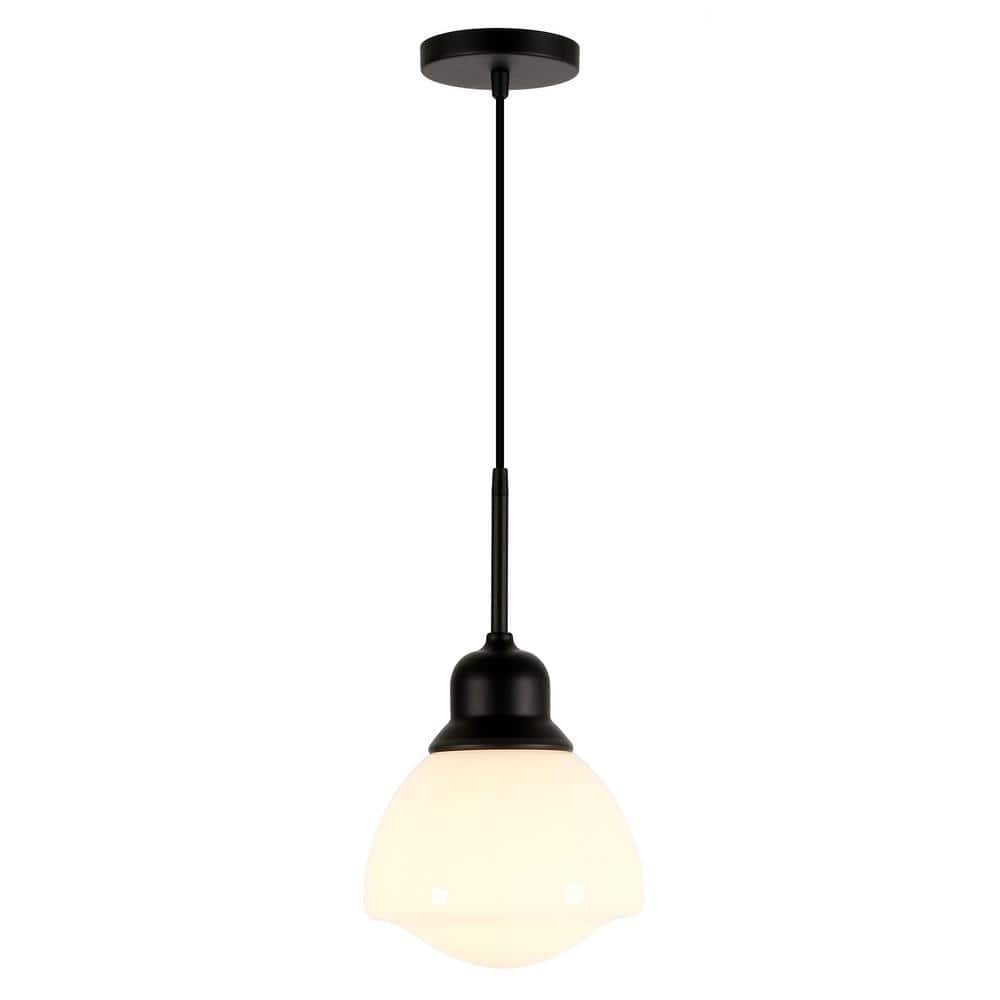 Brooks Transitional Blackened Bronze Drum Pendant with White Milk Glass