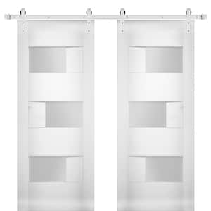 36 in. x 96 in. Single Panel White Solid MDF Sliding Doors with Double Barn Stainless Hardware