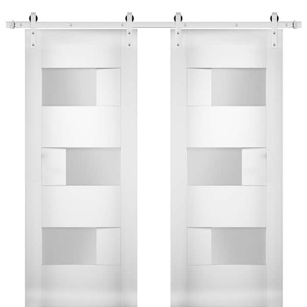 64 in. x 80 in. Single Panel White Solid MDF Sliding Doors with Double Barn Stainless Hardware