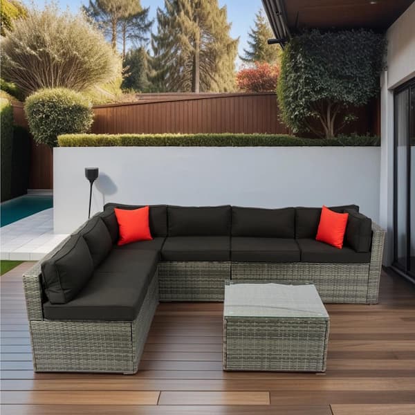 Tenleaf 5-Piece Gray Wicker Patio Conversation Set with Black Cushions, 2 Pillow