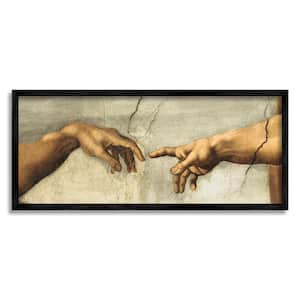 Hand of The Creatio Adam Religious Painting By Michelangelo Framed Print Religious Texturized Art 13 in. x 30 in.