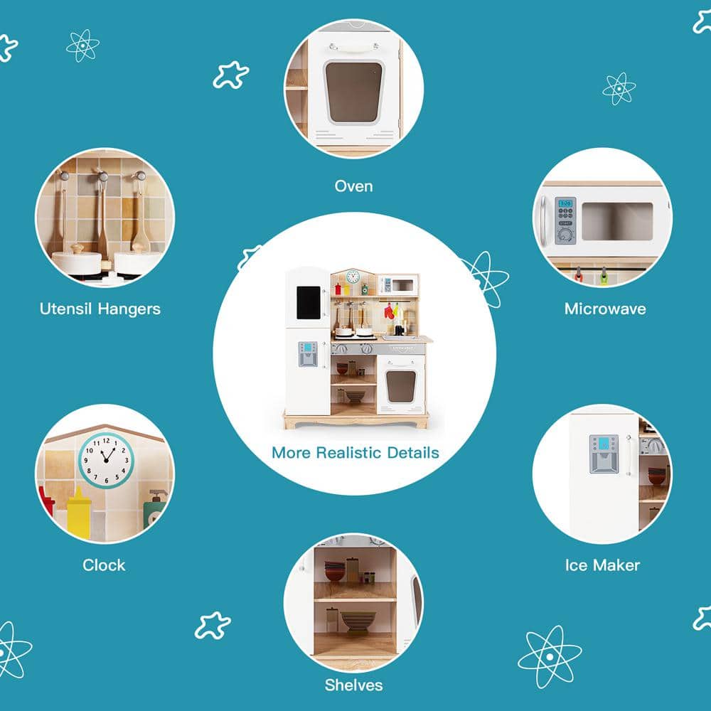 White and Natural Wooden Kids Pretend Kitchen Playset with Utensils and Sound