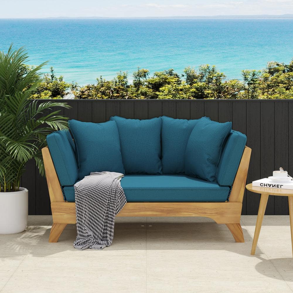 1-Piece Wood Outdoor Day Bed with Blue Water-Resistant Cushions, Expandable