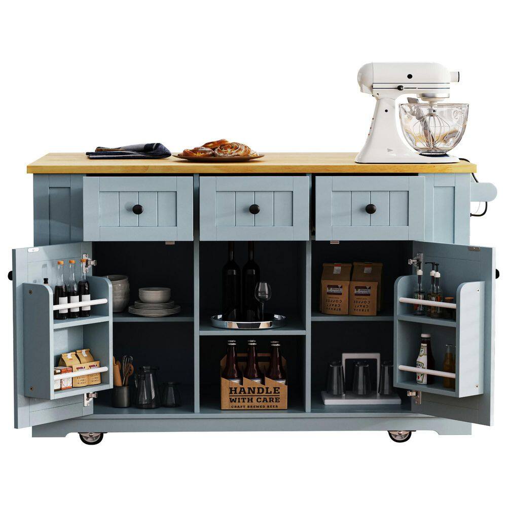 Large Grey Blue Kitchen Cart with 2 Bar Stools and 5 Open Side Shelves