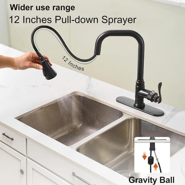 3-Mode Oil Rubbed Bronze 14.5 in. H Pull Down Sprayer Kitchen Faucet with 360° Swivel Spout, Deck Plate and Hoses