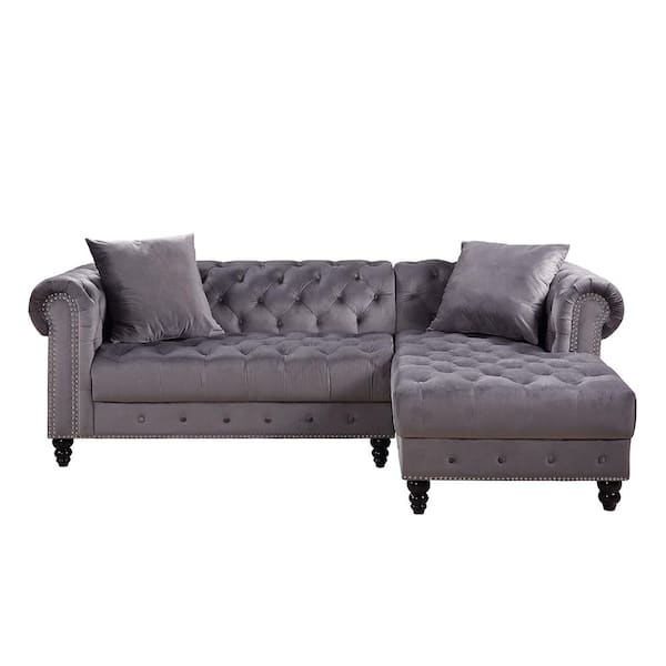 Acme Furniture Adnelis 61 in. W Round Arm 2-Piece Velvet L Shaped Sectional Sofa in Gray with 2 Pillows