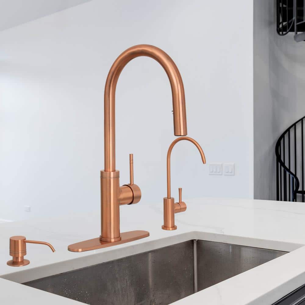 Copper Single Handle Pull Down Kitchen Faucet with Deck Plate