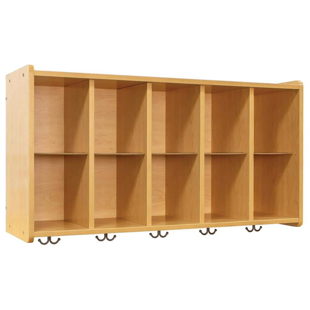 Maple Medium Wood Wall Shelf with Hooks and Cubbies