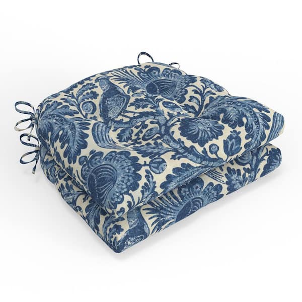 Pillow Perfect Floral 16 in W x 4 in H Square Outdoor Tufted Wicker Seat Cushion with Ties 2-Count in Tucker Resist Indigo