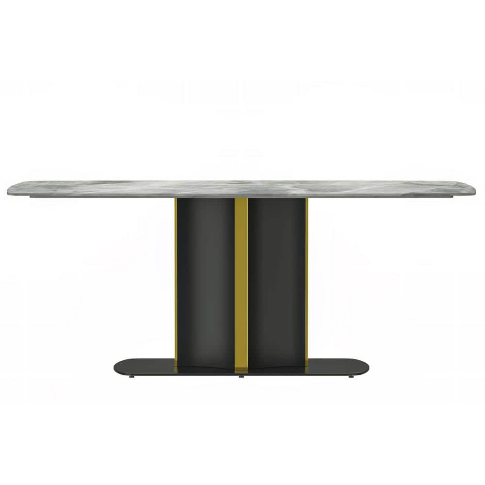 Sylva 71" Light Grey Glass Top Dining Table with Black and Gold Steel Base