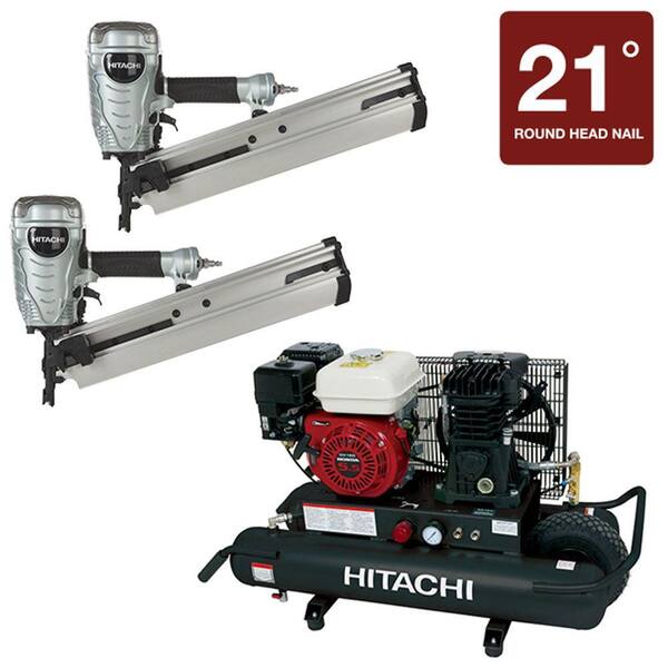 Hitachi (2) 3-1/2 in. Plastic Collated Framing Nailer and 8 Gal. Gas Powered Wheeled Air Compressor (3-Piece)