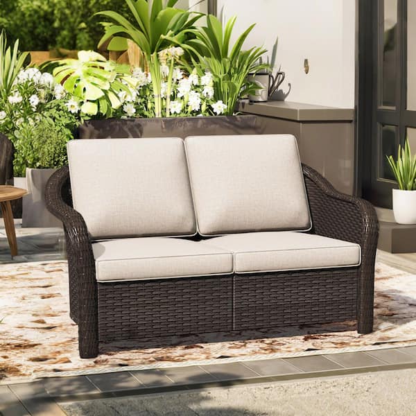 3-Seat Brown Wicker Outdoor Patio Sectional Sofa with Beige Cushions