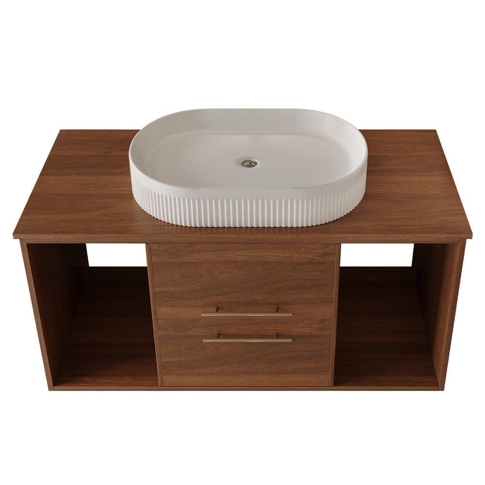 39.4 in Single Sink Wall Mount Bath Vanity Walnut Solid Wood Cabinet with White Ceramic Top, Drawers, Open Shelf price history on PriceWatchPro