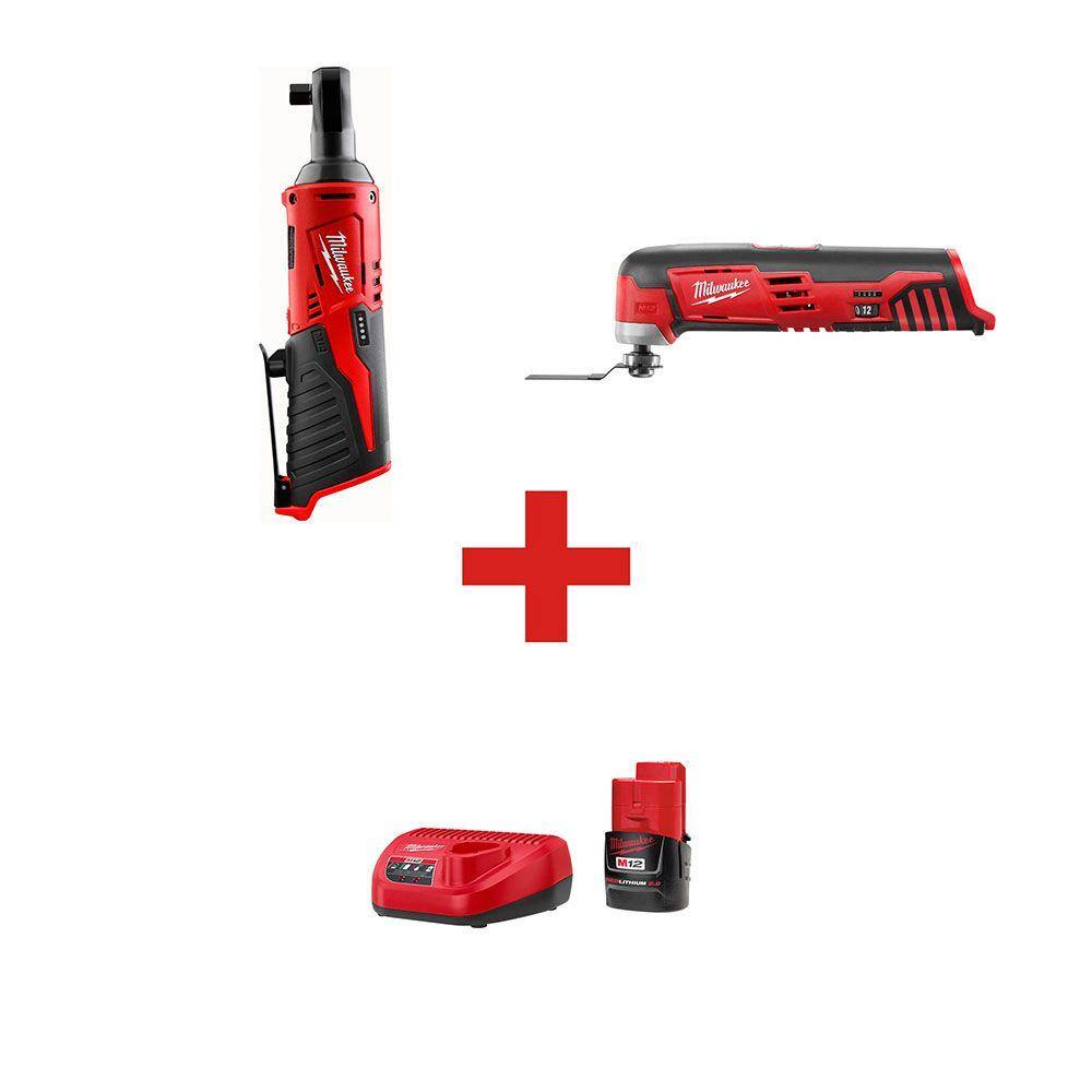 Milwaukee M12 12-Volt Cordless Lithium-Ion 3/8 in. Ratchet (Tool-Only) and M12 Multi-Tool (Tool-Only) with M12 Starter Kit