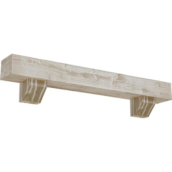 Ekena Millwork 4 in. x 4 in. x 7 ft. Sandblasted Faux Wood Beam Fireplace Mantel Kit, Ashford Corbels in White Washed