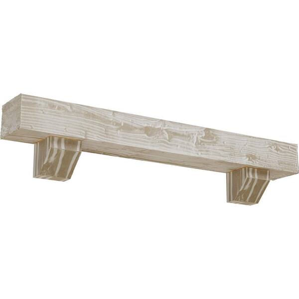 Ekena Millwork 8 in. x 12 in. x 3 ft. Sandblasted Faux Wood Fireplace Mantel Kit, Ashford Corbels, Whitewashed