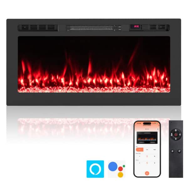 36 in. Smart WiFi Wall Mount Electric Fireplace in Black with 12 Flame, Remote, 5 Brightness, Timer, Recessed Fireplace