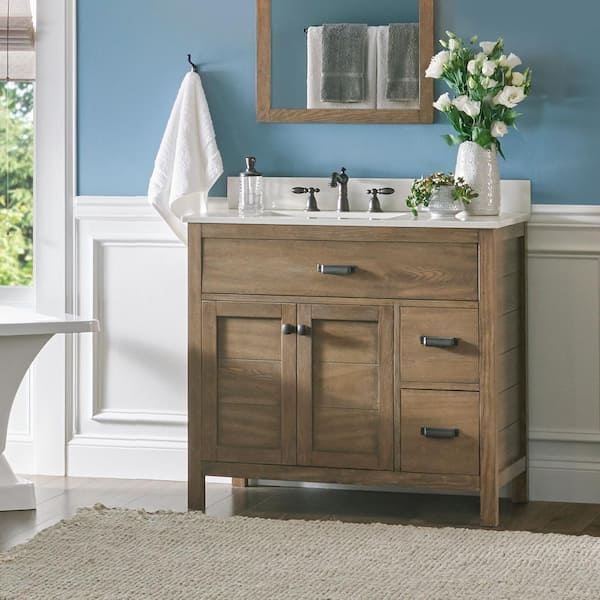 Home Decorators Collection Stanhope 37 in. W x 22 in. D Vanity in Reclaimed Oak with Engineered Stone Vanity Top in Crystal White with White Sink