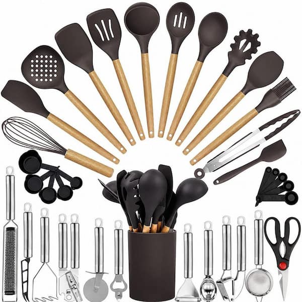 35-Piece Gray Kitchen Utensils with Wooden Handles, Including Grater,Tongs, Spoon Spatula and Turner