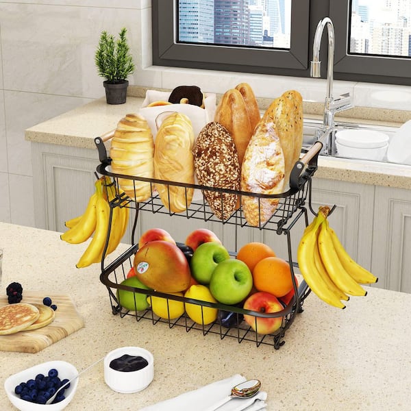 1 Piece 2-Tier Metal Wire Fruit Basket with 2-Banana Hangers Kitchen Counter Storage for Bread Snack Veggies Produce