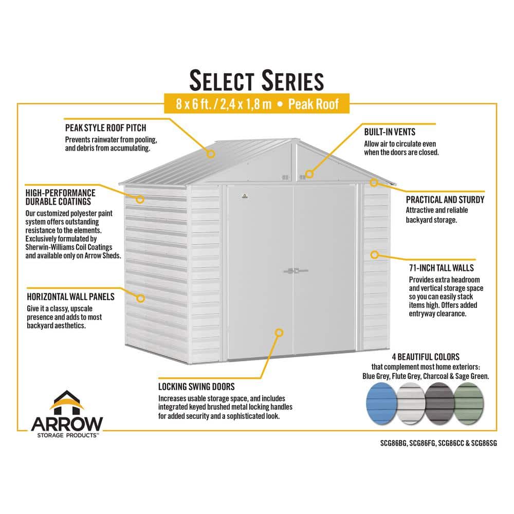 Sage Green 8' x 6' Galvanized Steel Storage Shed Kit