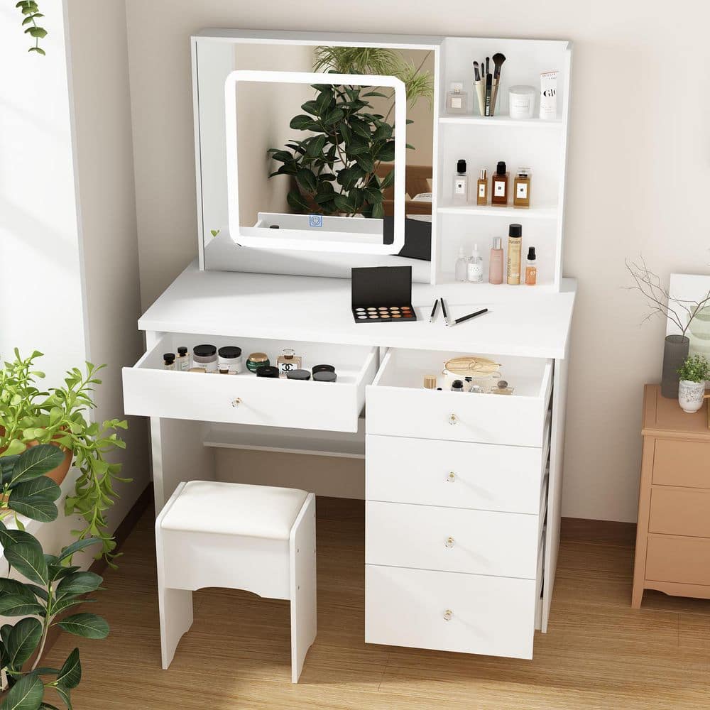 5-Drawers White Makeup Vanity Sets Dressing Table Sets with LED Dimmable Mirror, Stool and 3-Tier Storage Shelves - thumbnail 4