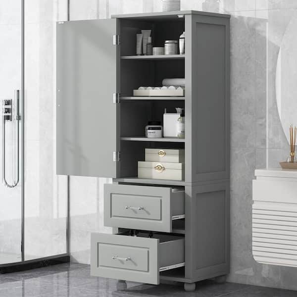 Unbranded Modern 23 in. W x 15.9 in. D x 61.4 in. H Gray Freestanding Tall Bathroom Storage Linen Cabinet with 2-Drawers