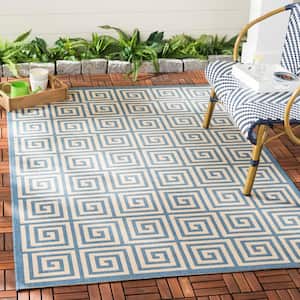 Beach House Cream/Blue Doormat 2 ft. x 4 ft. Fretwork Indoor/Outdoor Area Rug