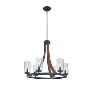 Grand Bank 25 in. 6-Light Auburn Stained Wood and Black Farmhouse Shaded Round Chandelier for Dining Room
