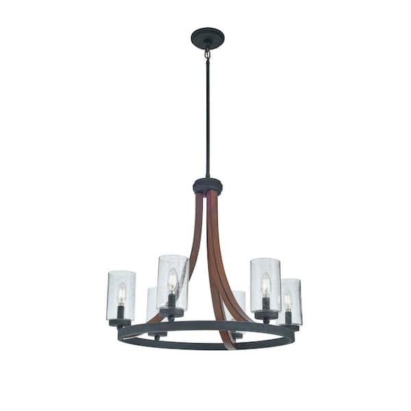 KICHLER Grand Bank 25 in. 6-Light Auburn Stained Wood and Black Farmhouse Shaded Round Chandelier for Dining Room